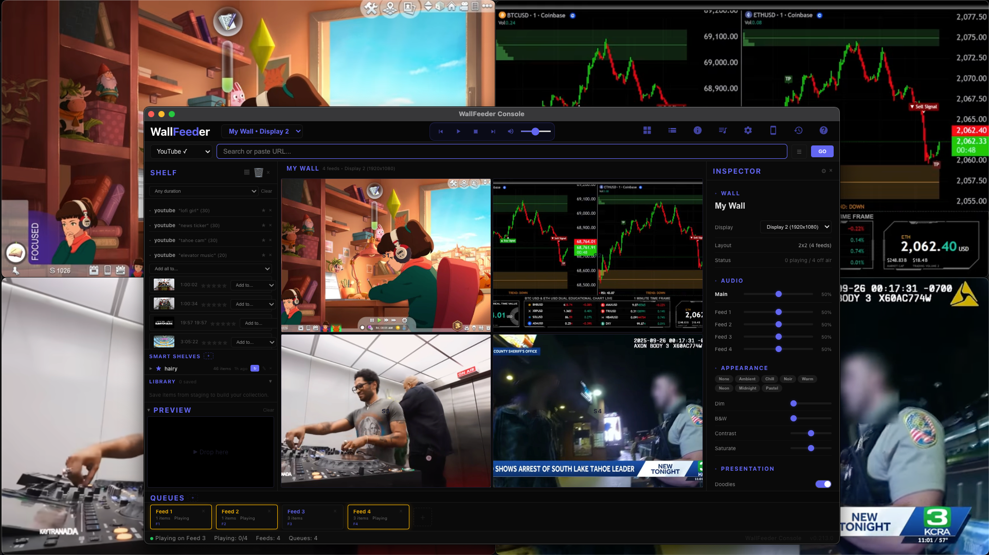 WallFeeder console controlling a live video wall with multiple streams